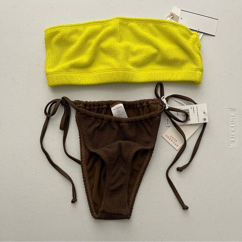 NWT Good American Crinkle Neon Yellow & Brown Tiny Ties Swimsuit Bikini